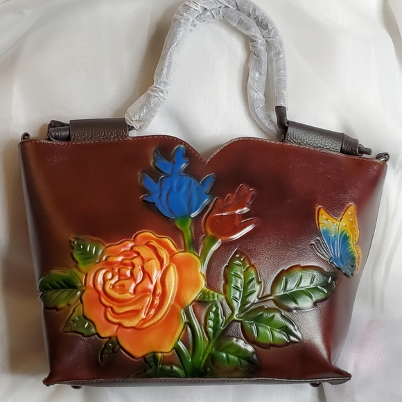 Handbags - Floral Embossed Brown Leather‎ Bag